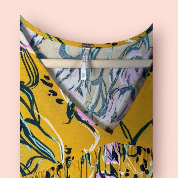 Free People Bella Golden Yellow Floral Print Tunic mini dress Size XS - Picture 2 of 5